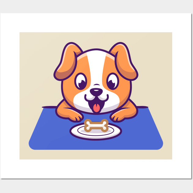 Cute Dog Looking Bone On Plate Wall Art by Catalyst Labs